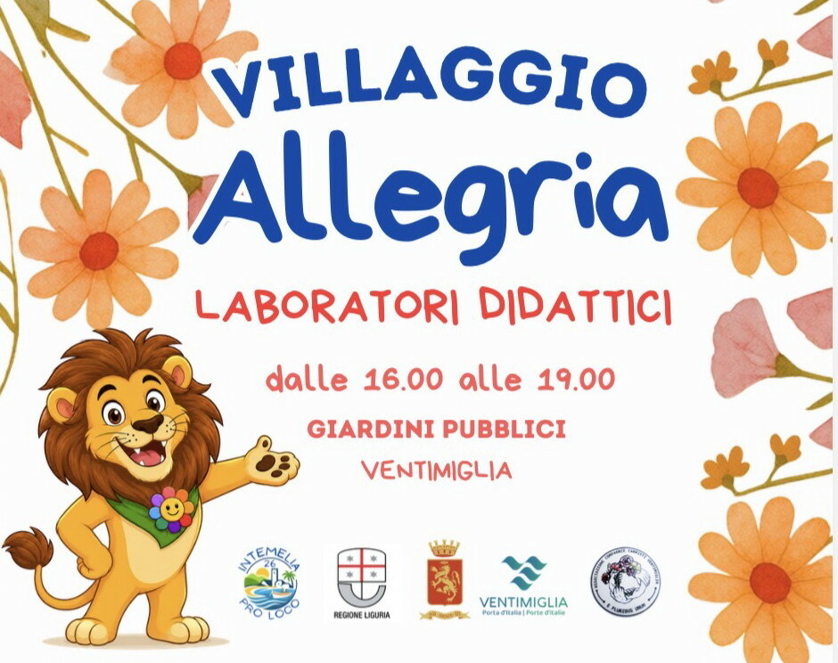 Bambini e famiglie nei Giardini Pubblici di Ventimiglia durante attività ludiche e laboratori creativi all'aperto