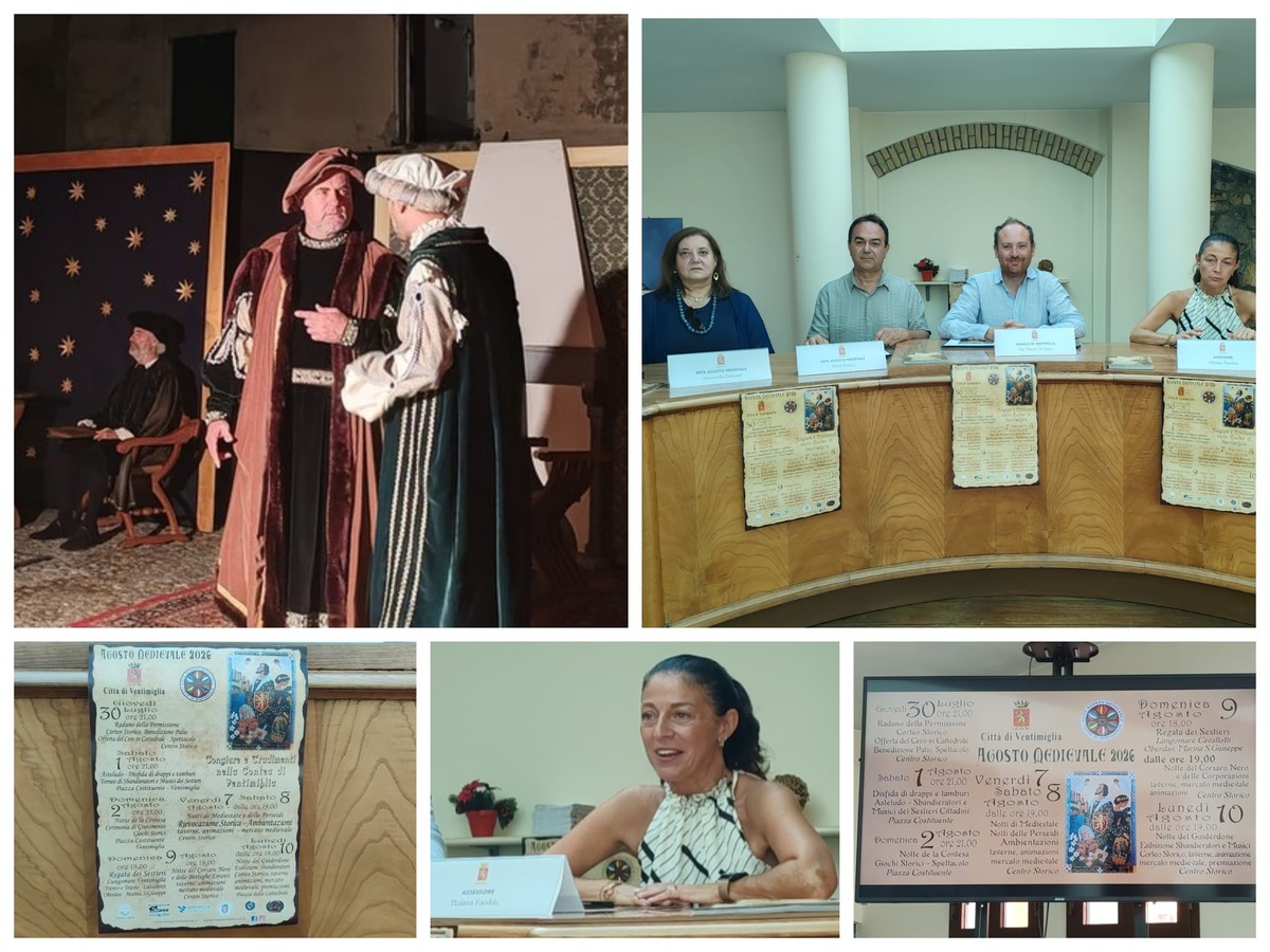 Centro storico di Ventimiglia con abitanti in costumi medievali tra piazze e vicoli durante spettacoli e rievocazioni