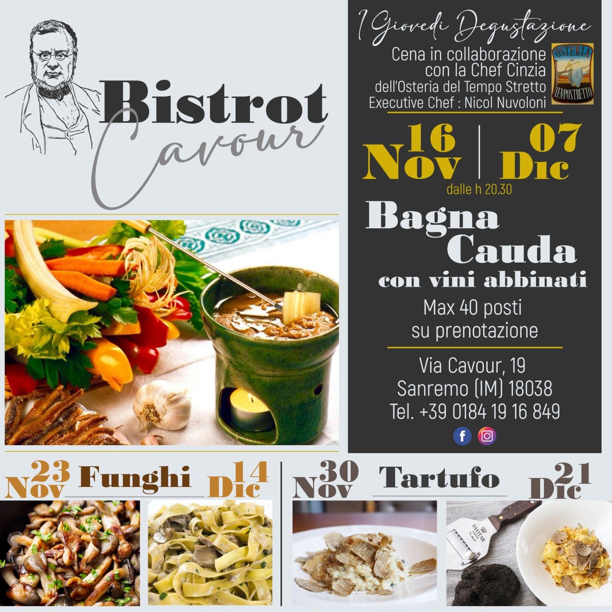 Sanremo: al via le serate a tema del Bistrot Cavour: Bagna Cauda, Funghi e Tartufi in tavola. Sanremo: al via le serate a tema del Bistrot Cavour: Bagna Cauda, Funghi e Tartufi in tavola.