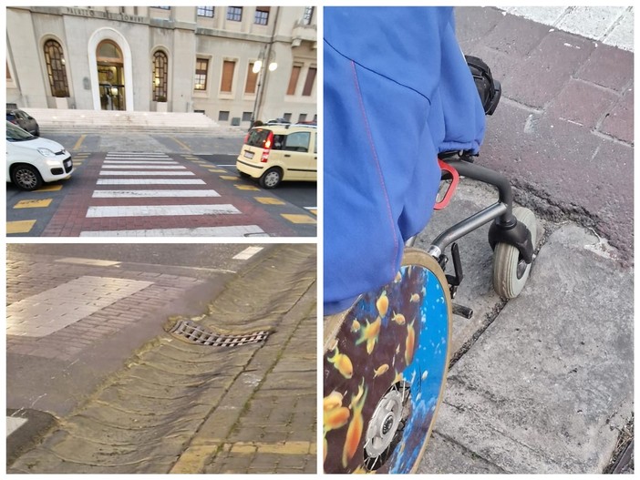 Il Municipio di Imperia è accessibile ai disabili grazie alla rampa, ma ad ostacolare il passaggio è un avvallamento sulla strada