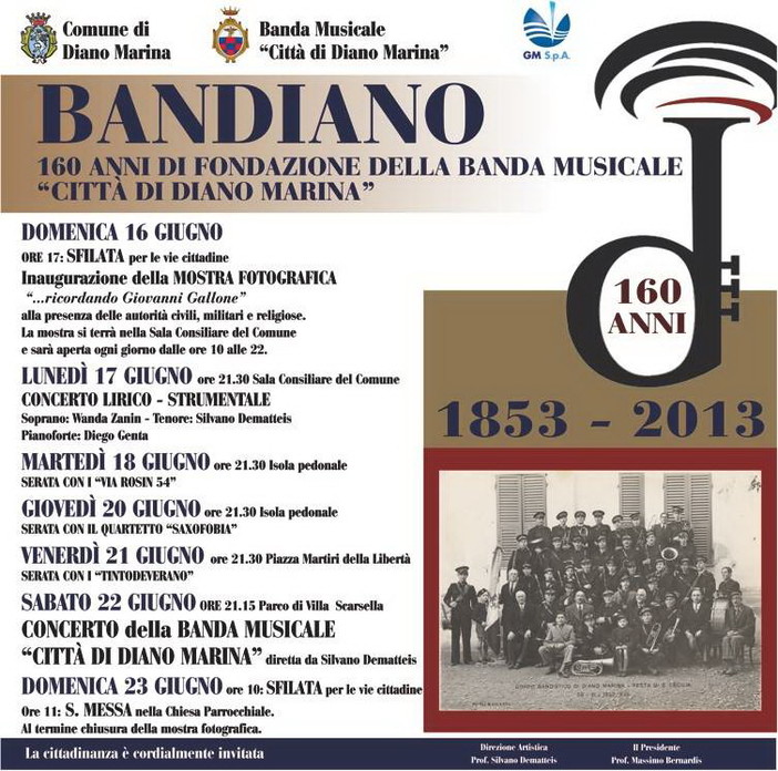 Diano Marina: da domenica prossima al 23 giugno la festa per il 160° della banda 'Città di Diano'