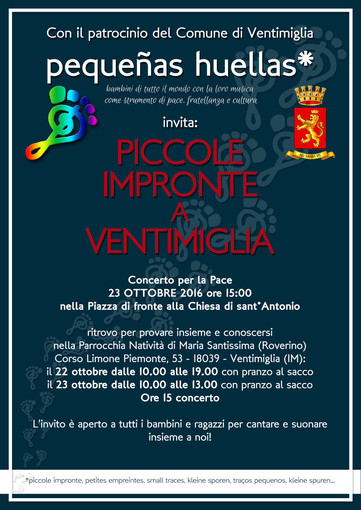 Ventimiglia: domenica concerto per la pace a cura delle 'Piccole impronte' nella piazza della chiesa di Sant'Antonio alle 'Gianchette' Ventimiglia: domenica concerto per la pace a cura delle 'Piccole impronte' nella piazza della chiesa di Sant'Antonio alle 'Gianchette'