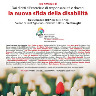 Ventimiglia: disabilità tra responsabilità e diritti, domani un seminario presso la Sala Polivalente di Sant’Agostino