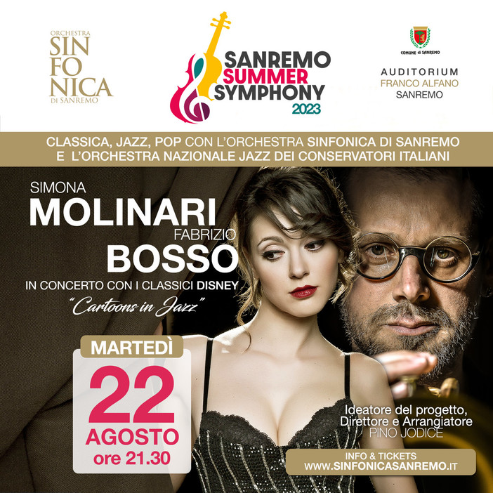 All’Alfano “Cartoons in Jazz” con Simona Molinari, Fabrizio Bosso e l’Orchestra Sinfonica di Sanremo All’Alfano “Cartoons in Jazz” con Simona Molinari, Fabrizio Bosso e l’Orchestra Sinfonica di Sanremo