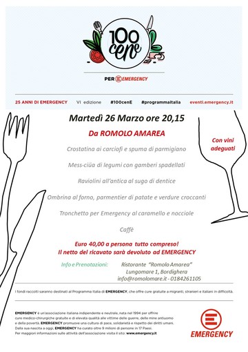 100 cene per EMERGENCY a Bordighera: l'iniziativa giunge alla sesta edizione