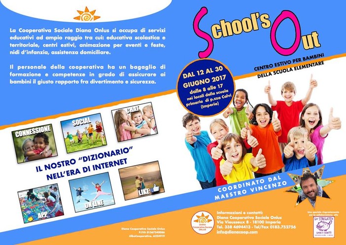 Imperia: la Cooperativa Diana organizza il centro estivo School’s Out dal 12 al 30 giugno Imperia: la Cooperativa Diana organizza il centro estivo School’s Out dal 12 al 30 giugno