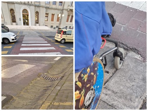 Il Municipio di Imperia è accessibile ai disabili grazie alla rampa, ma ad ostacolare il passaggio è un avvallamento sulla strada