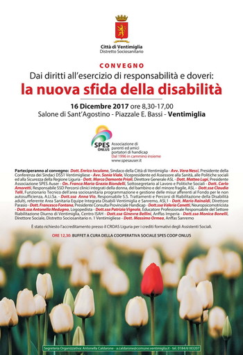 Ventimiglia: disabilità tra responsabilità e diritti, domani un seminario presso la Sala Polivalente di Sant’Agostino Ventimiglia: disabilità tra responsabilità e diritti, domani un seminario presso la Sala Polivalente di Sant’Agostino