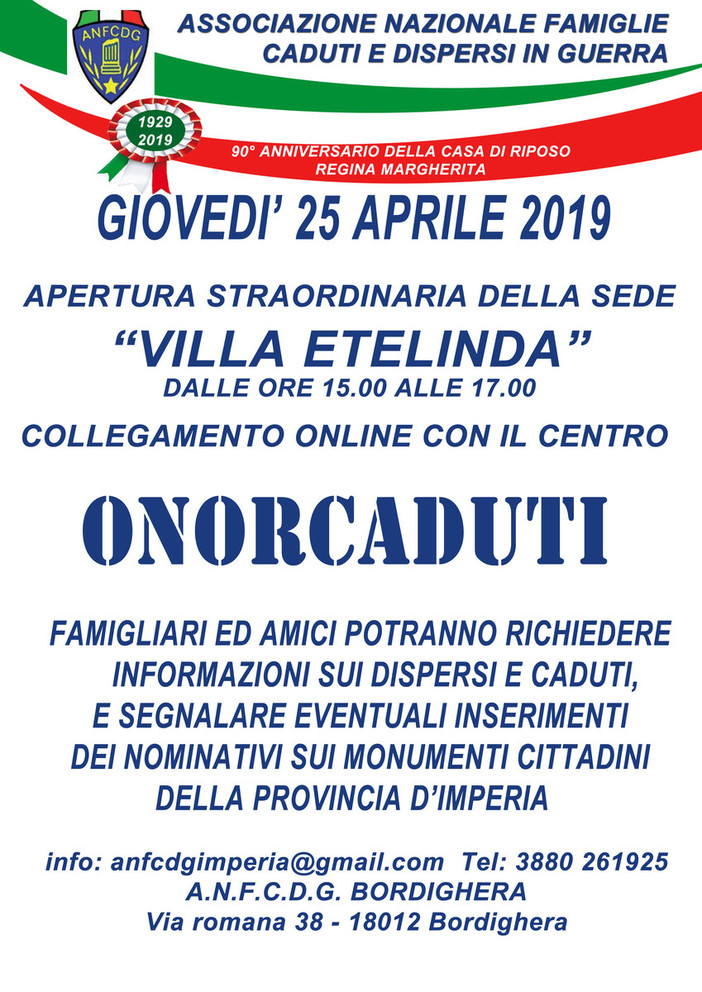 Bordighera: domani apertura straordinaria della sede di ANFCDG a villa Etelinda Bordighera: domani apertura straordinaria della sede di ANFCDG a villa Etelinda