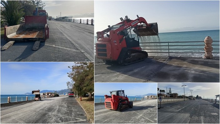 Mareggiata a Bordighera, iniziata la rimozione della ghiaia dal lungomare (Foto e video)