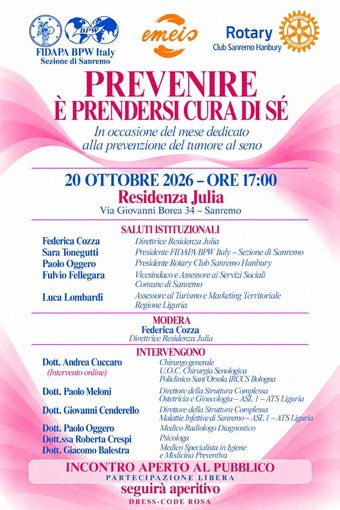 “Prevenire è prendersi cura di sé”: a Sanremo un incontro dedicato alla prevenzione del tumore al seno