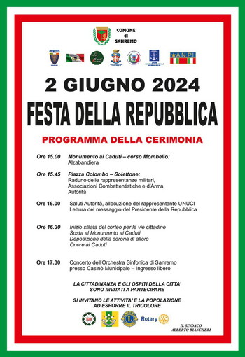 Sanremo: Festa della Repubblica di domenica 2 giugno, il programma delle celebrazioni Sanremo: Festa della Repubblica di domenica 2 giugno, il programma delle celebrazioni