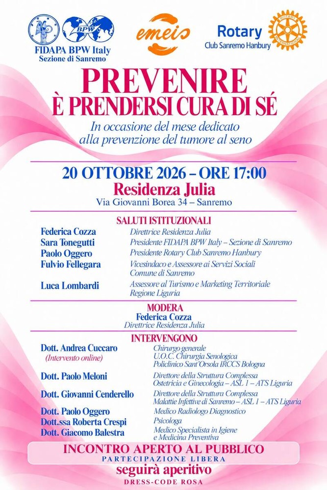 “Prevenire è prendersi cura di sé”: a Sanremo un incontro dedicato alla prevenzione del tumore al seno “Prevenire è prendersi cura di sé”: a Sanremo un incontro dedicato alla prevenzione del tumore al seno
