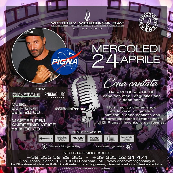 Sanremo: domani sera al Victory, cena cantata con la partecipazione straordinaria di Dj Pigna