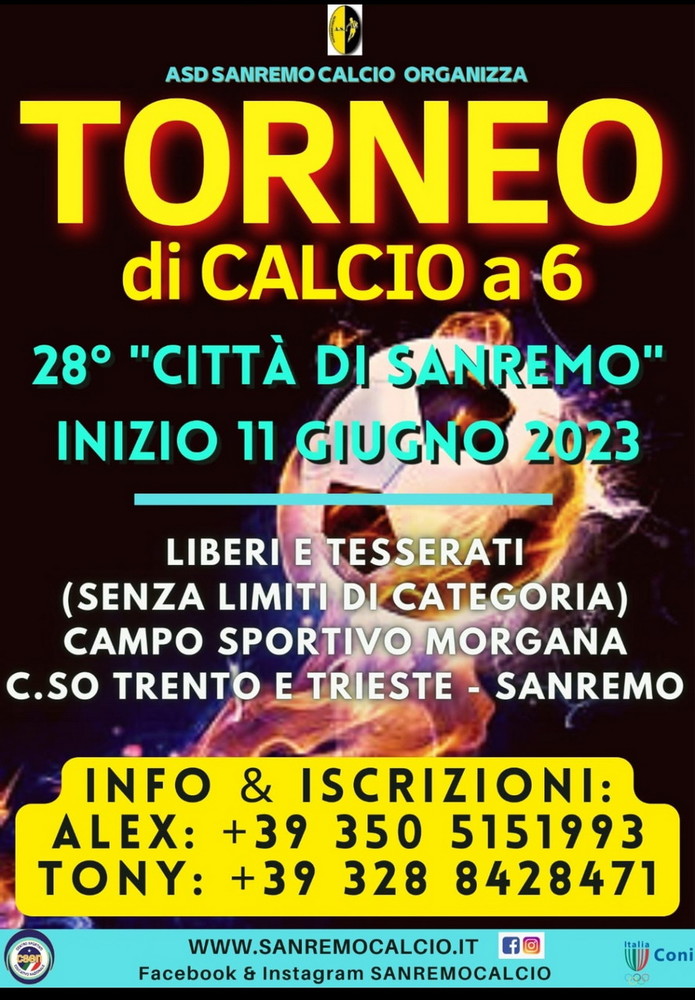 Calcio a 6: già 10 le squadre iscritte al 28esimo Torneo Città di Sanremo di giugno Calcio a 6: già 10 le squadre iscritte al 28esimo Torneo Città di Sanremo di giugno