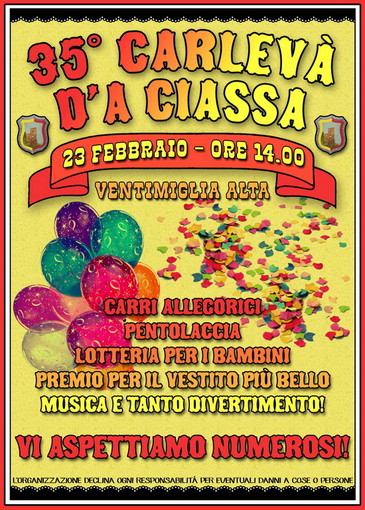 Ventimiglia: domenica prossima nel centro storico si svolge la 35a edizione del 'Carlevà d'a Ciassa' Ventimiglia: domenica prossima nel centro storico si svolge la 35a edizione del 'Carlevà d'a Ciassa'