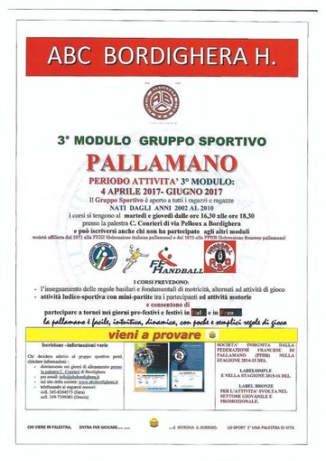Pallamano. ABC Bordighera, domani al va il terzo modulo del gruppo sportivo, la pallamano per i più giovani Pallamano. ABC Bordighera, domani al va il terzo modulo del gruppo sportivo, la pallamano per i più giovani