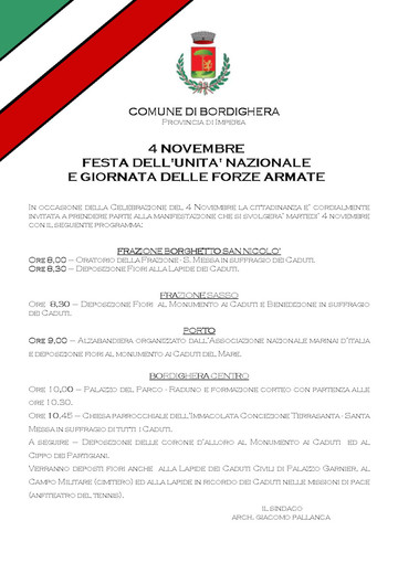 Bordighera: il programma delle celebrazioni per il 4 Novembre in città e nelle frazioni