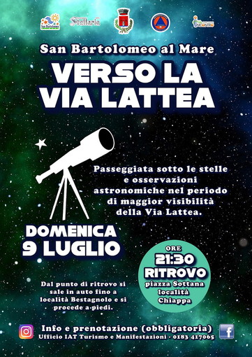 'Verso la Via Lattea', passeggiata sotto le stelle a San Bartolomeo al Mare con l'Associazione Stellaria 'Verso la Via Lattea', passeggiata sotto le stelle a San Bartolomeo al Mare con l'Associazione Stellaria