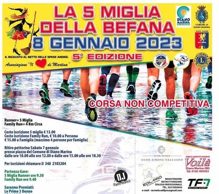 Torna a Diano Marina la corsa di beneficenza 'Le 5 miglia della Befana': ricavato al Cuore di Martina Onlus Torna a Diano Marina la corsa di beneficenza 'Le 5 miglia della Befana': ricavato al Cuore di Martina Onlus