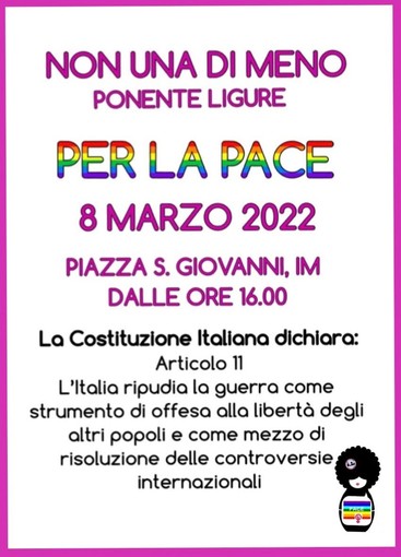 Imperia: martedì 8 marzo, l'associazione 'Non una di Meno' in piazza San Giovanni per dire no alla guerra