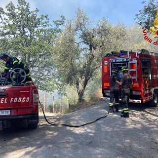 San Biagio della Cima: incendio di sterpaglie vicino alla chiesetta dell'Annunziata (foto e video)