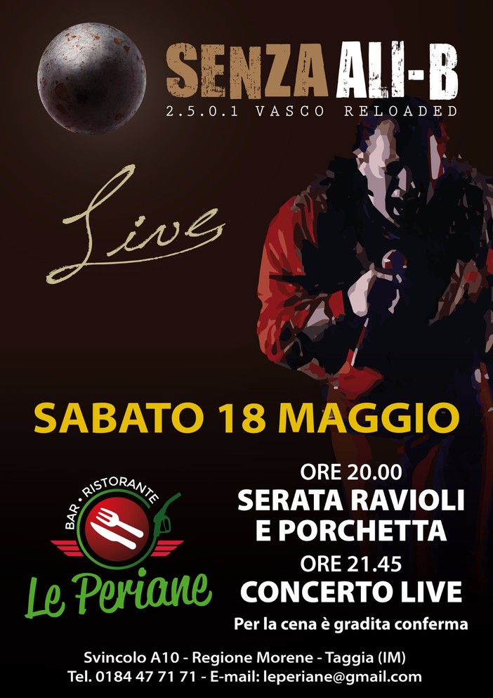 Questo appuntamento è stato rinviato: Sabato 18 maggio al Bar Ristorante Le Periane serata Ravioli e Porchetta e a seguire tributo live a Vasco Rossi con il gruppo Senza Ali-B Questo appuntamento è stato rinviato: Sabato 18 maggio al Bar Ristorante Le Periane serata Ravioli e Porchetta e a seguire tributo live a Vasco Rossi con il gruppo Senza Ali-B