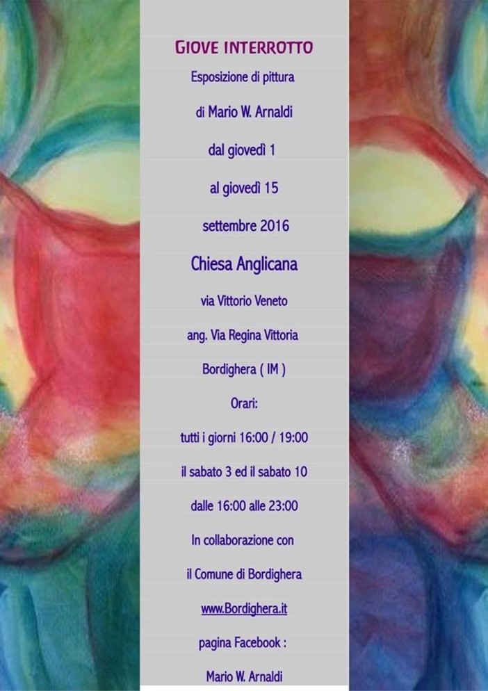 Bordighera: al via l'esposizione pittorica "Giove interrotto" dell'artista Mario W. Arnaldi Bordighera: al via l'esposizione pittorica "Giove interrotto" dell'artista Mario W. Arnaldi