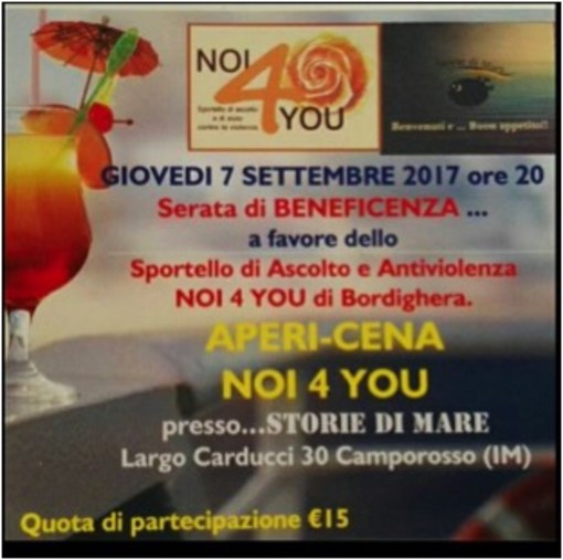 Vallecrosia: giovedì sera apericena di beneficenza organizzato da “Noi4You”, l'incasso sarà devoluto allo sportello di ascolto