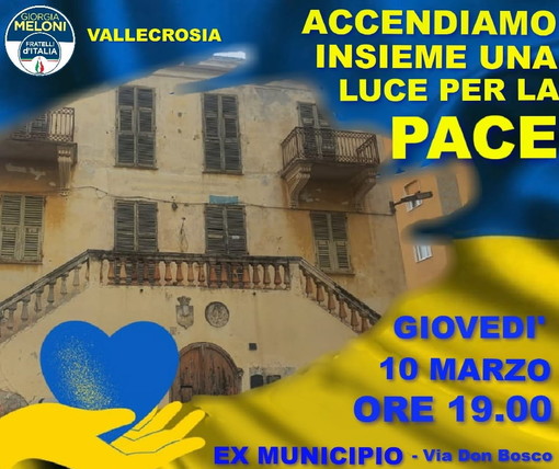 Vallecrosia: giovedì alle 19 l'ex Comune sarà illuminato per lanciare un messaggio di pace per l'Ucraina