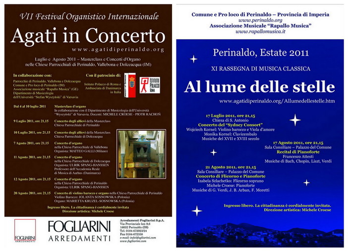 Doppio appuntamento musicale nei mesi di luglio ed agosto a Perinaldo Doppio appuntamento musicale nei mesi di luglio ed agosto a Perinaldo