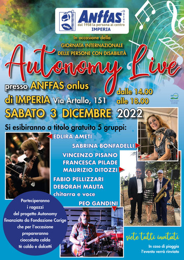 Imperia: il 3 dicembre appuntamento con ‘Autonomy Live’, un concerto in occasione della giornata internazionale delle persone con disabilità Imperia: il 3 dicembre appuntamento con ‘Autonomy Live’, un concerto in occasione della giornata internazionale delle persone con disabilità