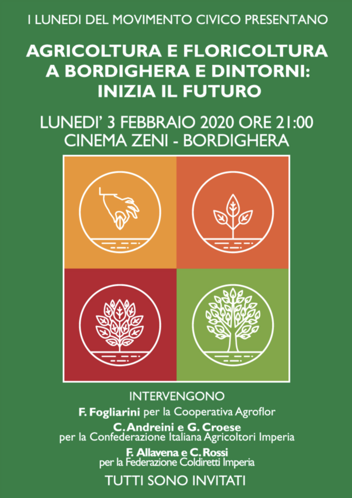 Bordighera: lunedì nuovo incontro del Movimento Civico, si parlerà di “Agricoltura e floricoltura a Bordighera e dintorni” Bordighera: lunedì nuovo incontro del Movimento Civico, si parlerà di “Agricoltura e floricoltura a Bordighera e dintorni”