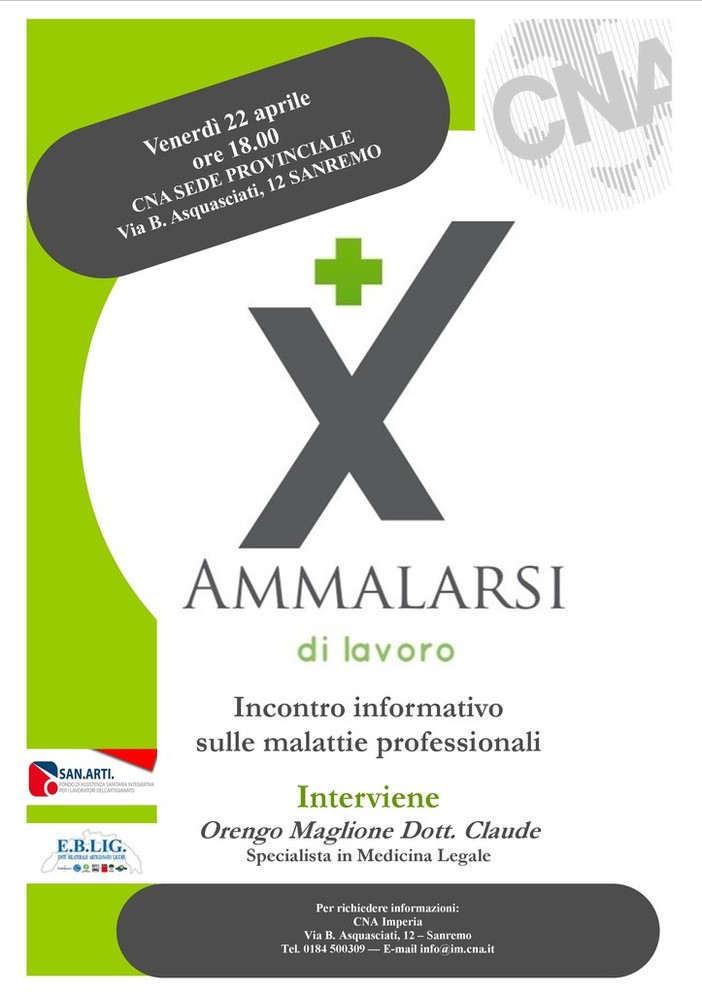Sanremo: venerdì prossimo, alla Cna di via Asquasciati un incontro dal titolo 'Ammalarsi di lavoro'