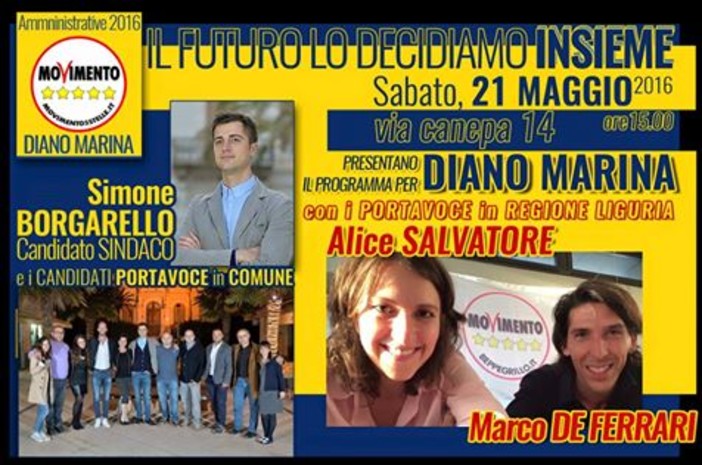 Elezioni comunali Diano Marina: i consiglieri regionali Alice Salvatore e Marco De Ferrari, domani a Diano a sostegno di Simone Borgarello Elezioni comunali Diano Marina: i consiglieri regionali Alice Salvatore e Marco De Ferrari, domani a Diano a sostegno di Simone Borgarello