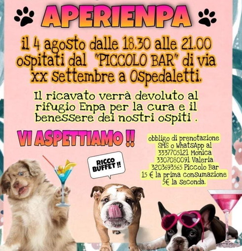 Ospedaletti: domani alle 18.30 al 'Piccolo Bar' c'è 'AperiEnpa', l'aperitivo per aiutare i cani e i gatti Ospedaletti: domani alle 18.30 al 'Piccolo Bar' c'è 'AperiEnpa', l'aperitivo per aiutare i cani e i gatti