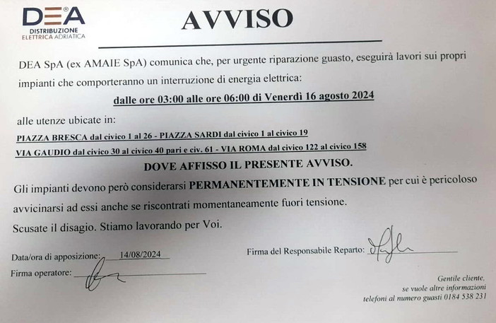 Sanremo: nella notte tra giovedì e venerdì tre ore senza corrente piazza Bresca e piazza Sardi Sanremo: nella notte tra giovedì e venerdì tre ore senza corrente piazza Bresca e piazza Sardi
