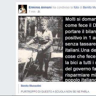 Imperia: Erminio Annoni su FB con un messaggio inneggiante Benito Mussolini: &quot;Ha tolto le auto ai membri del Governo facendo risparmiare miliardi&quot;