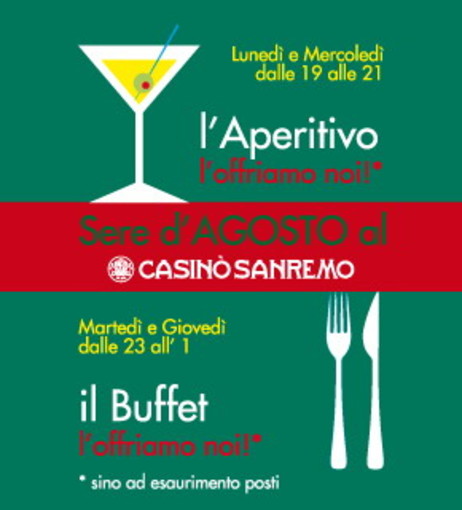 Sere d’agosto al Casinò di Sanremo: "L’aperitivo e il buffet li offriamo noi” e poi musica spettacolo e bellezza per un’estate indimenticabile Sere d’agosto al Casinò di Sanremo: "L’aperitivo e il buffet li offriamo noi” e poi musica spettacolo e bellezza per un’estate indimenticabile