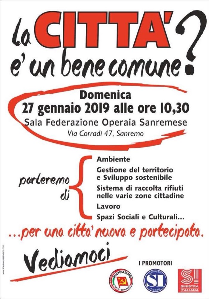 Sanremo: Rifondazione Comunista, Sanremo Insieme e Sinistra Italiana organizzano un'assemblea pubblica Sanremo: Rifondazione Comunista, Sanremo Insieme e Sinistra Italiana organizzano un'assemblea pubblica