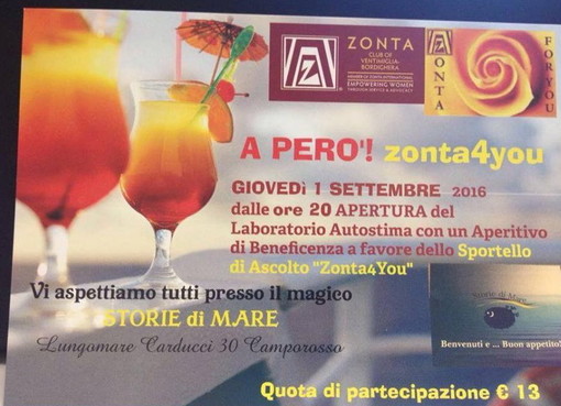 Camporosso: domani sera a 'Storie di Mare' in lungomare Carducci aperitivo di beneficenza dello 'Zonta4You' Camporosso: domani sera a 'Storie di Mare' in lungomare Carducci aperitivo di beneficenza dello 'Zonta4You'