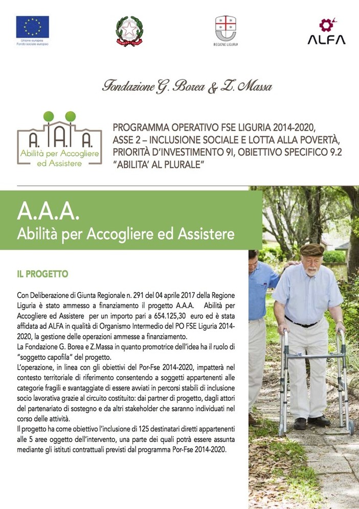 Sanremo: lunedì alla Fondazione “Borea e Massa” open day per la presentazione del progetto “Abilità per Accogliere ed Assistere” Sanremo: lunedì alla Fondazione “Borea e Massa” open day per la presentazione del progetto “Abilità per Accogliere ed Assistere”