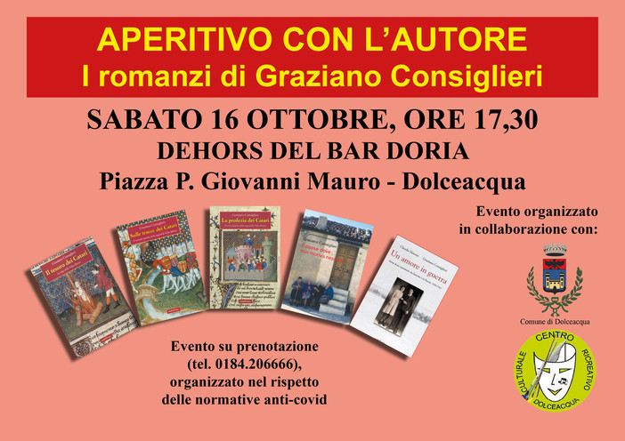 Dolceacqua: domani aperitivo con l'autore Graziano Consiglieri con la presentazione di tre libri