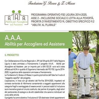 Sanremo: lunedì alla Fondazione “Borea e Massa” open day per la presentazione del progetto “Abilità per Accogliere ed Assistere”