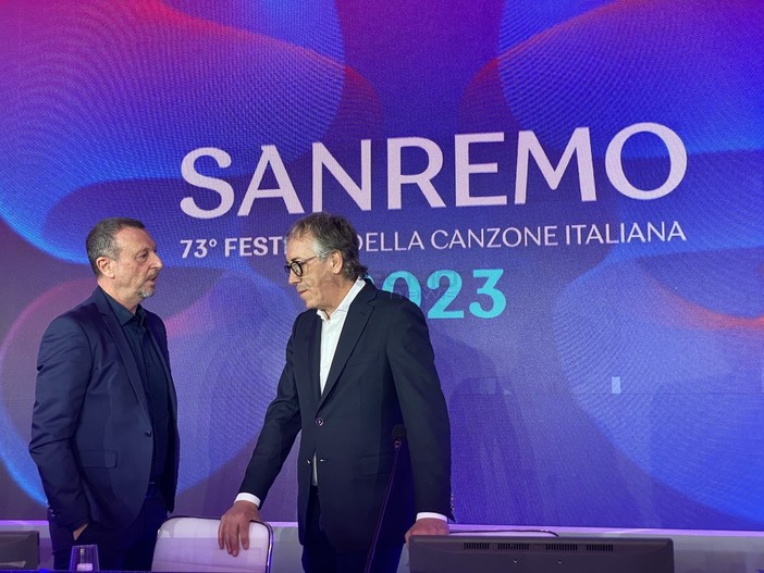 Alberto Biancheri e Amadeus in conferenza stampa al Casinò di Sanremo Alberto Biancheri e Amadeus in conferenza stampa al Casinò di Sanremo