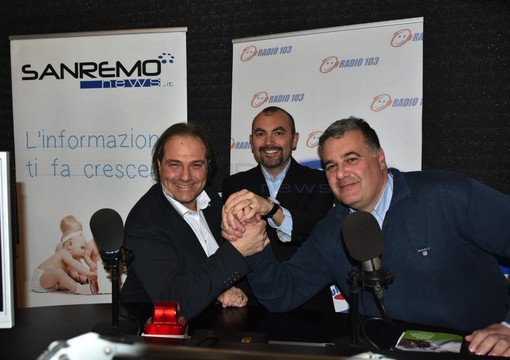 Giuseppe Faraldi e Luca Lombardi con Federico Marchi negli studi di Radio103 Giuseppe Faraldi e Luca Lombardi con Federico Marchi negli studi di Radio103