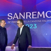 Alberto Biancheri e Amadeus in conferenza stampa al Casinò di Sanremo