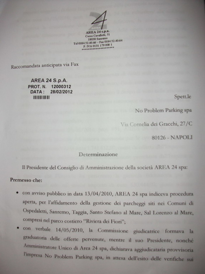 Sanremo: ecco l'atto ufficiale con cui Area 24 ha dichiarato la decadenza della No Problem Parking Sanremo: ecco l'atto ufficiale con cui Area 24 ha dichiarato la decadenza della No Problem Parking