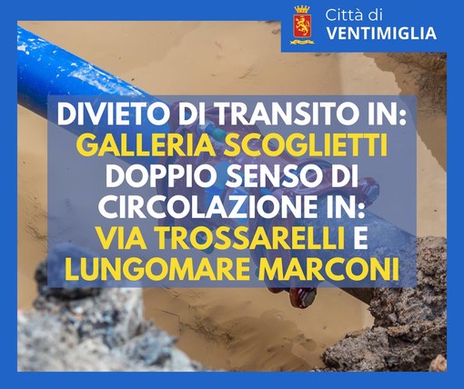 Ventimiglia: guasto ad una tubatura, lunedì divieto di transito in galleria degli Scoglietti Ventimiglia: guasto ad una tubatura, lunedì divieto di transito in galleria degli Scoglietti