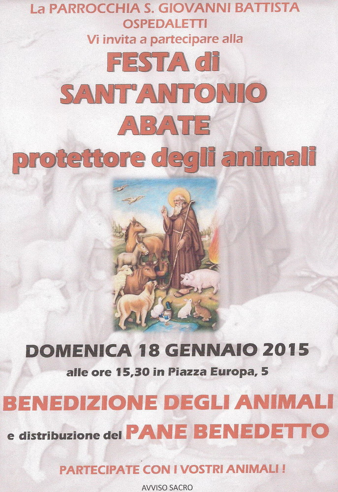 Ospedaletti: domenica 18 gennaio, 'Benedizione degli animali' alla Parrocchia di San Giovanni Battista